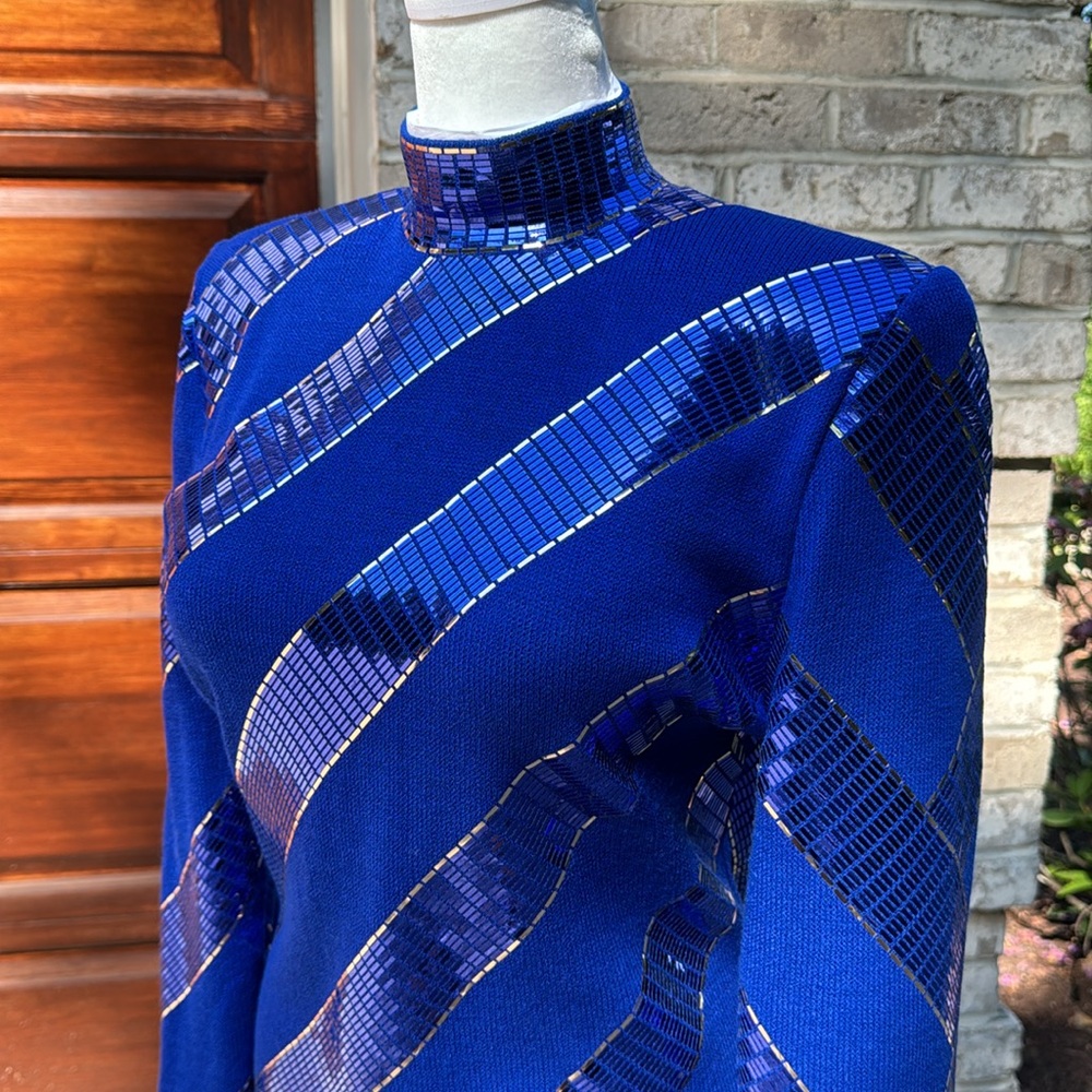 St. John Royal Blue Sequin Striped Cocktail Dress - Picture 10 of 16
